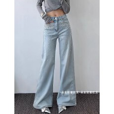 批发欧货2025新款轻奢时尚重工烫钻<b class='q'>钉珠</b>浅蓝气质直筒<b class='q'>牛仔裤</b>