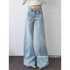 批发欧货2025冬季新款轻奢时尚洋气花朵<b class='q'>钉珠</b>烫钻显瘦阔腿<b class='q'>牛仔裤</b>