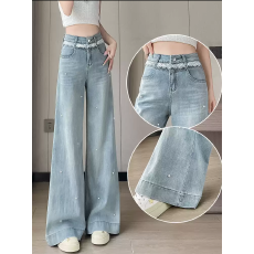 批发<b class='q'>钉珠</b>阔腿<b class='q'>牛仔裤</b>女梨型微胖遮胯秋季高腰蕾丝小个子宽腿垂感拖地裤