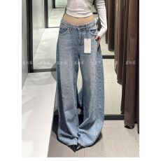 批发美式辣妹设计感小众<b class='q'>珠宝</b>水钻拼接牛仔裤子女复古<b class='q'>时尚</b>百搭拖地长裤