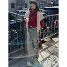 花朵刺绣阔腿牛仔裤女冬季韩系水洗高腰宽松百搭直筒长裤