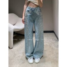 批发银河遐想珍珠<b class='q'>烫钻</b>弯刀牛仔长裤宽松直筒高腰阔腿拖地裤