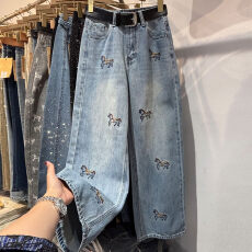 批发高定欧货小马年刺绣高腰直筒休闲阔腿牛仔<b class='q'>裤</b><b class='q'>子女</b>2026春季新款显瘦