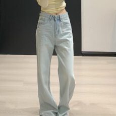 批发<b class='q'>牛仔裤</b>女直筒裤浅色新款春夏装高腰宽松显瘦百搭<b class='q'>钉珠</b>窄版拖地裤