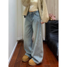 批发满天星烫钻直筒牛仔裤女<b class='q'>冬</b>加绒大码胖mm设计感高腰宽松显瘦阔腿裤