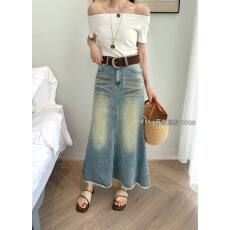 批发韩版气质辣妹风做旧水洗毛边高腰设计时髦<b class='q'>百搭</b>包臀牛仔鱼尾半身裙