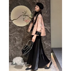 批发新中式外套2024年春秋新款国风复古光泽感双面穿粉色提花<b class='q'>上衣</b>女