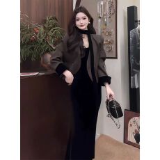 批发2025秋冬新款西装外套女韩版气质丝绒拼接V领复古休闲短款小西服