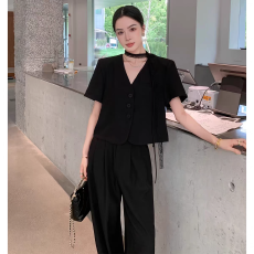 批发极简风黑色短袖开衫阔腿裤<b class='q'>两件套</b>装<b class='q'>女</b>夏季时尚洋气<b class='q'>女</b>神范通勤穿搭