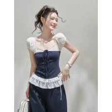 批发撞色拼接绑带短袖上衣女夏蕾丝花边<b class='q'>高腰</b>阔腿垂感<b class='q'>长裤</b>套装