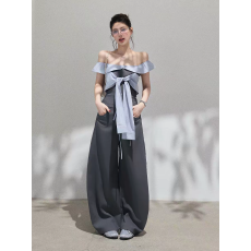 批发拼接一字肩绑带上衣女夏季<b class='q'>高腰</b>阔腿弯刀长款西装裤套装