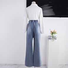 批发实拍美式假两件半裙牛仔裤女<b class='q'>春</b>秋高腰慵懒显瘦弯刀裤阔腿拖地长裤