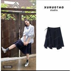 批发【可甜可盐】2026春 天丝<b class='q'>莫代尔</b>半松紧藏蓝色半身裙 T7051