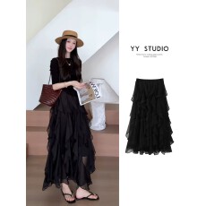 批发时尚荷叶边层叠半身裙女2026夏季新款洋气高腰显瘦中长款蛋糕裙潮