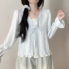批发韩版假两件荷叶边蕾丝拼接长袖<b class='q'>衬衫</b>甜美百搭宽松系带上衣