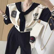 批发韩版拼接撞色短外套女2025字母印花运动学院长袖棒球服