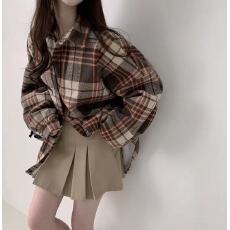 批发韩版格子<b class='q'>衬衫</b>女秋冬设计感小众长袖上衣加绒加厚百搭毛呢外套