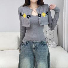 批发韩版菱格坎肩短款针织外套开衫+内搭打底无袖背心两件套