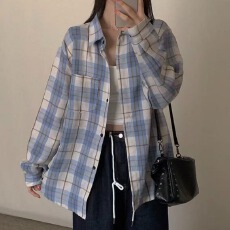 批发<b class='q'>韩版</b>格子衬衫休闲防晒衫女上衣格纹衬衣宽松百搭薄外套