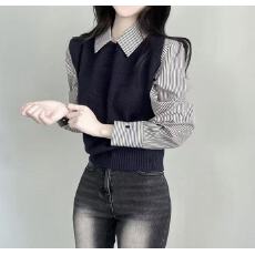 批发韩版条纹<b class='q'>假两件</b>拼接<b class='q'>衬衫</b>毛针织衫长袖短上衣
