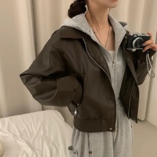 批发<b class='q'>韩版</b>chic秋冬小众复古休闲宽松假两件拼接卫衣连帽皮衣夹克外套女