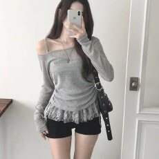 批发韩版设计感蝴蝶结抽褶<b class='q'>蕾丝</b>辣妹露肩上衣+纯欲风吊带两件套女