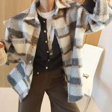 批发韩版格子毛呢<b class='q'>衬衫</b>外套时尚复古港味宽松加厚长袖<b class='q'>衬衣</b>