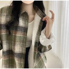 批发韩版<b class='q'>格子</b><b class='q'>衬衫</b>女秋冬设计感小众长袖上衣加绒加厚百搭毛呢外套