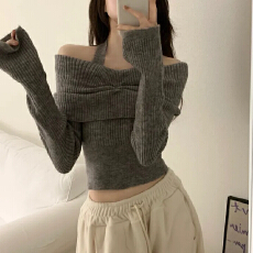 韩版一字领露肩长袖显瘦纯色挂脖针织衫长袖毛衣上衣