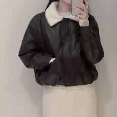 批发韩版气质毛领PU皮外套女装秋冬小众百搭宽松加绒上衣