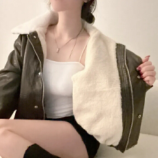 批发韩版气质毛领PU皮外套女装秋冬小众百搭宽松加绒上衣
