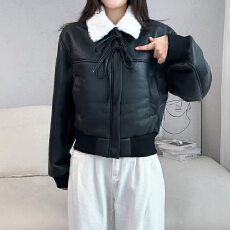 批发韩版冬季皮毛一体机车服夹克加厚加绒黑色皮衣外套女