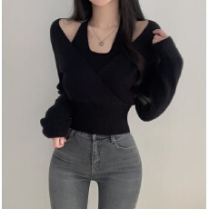 韩版chic春款设计感挂脖假长袖两件针织打底衫女修身内搭交叉毛衣