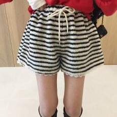 批发韩版羊羔毛休闲裤女装秋冬高腰显瘦运动加厚条纹抽绳少女毛绒短裤