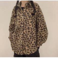 韩版复古个性撞色豹纹毛绒粗花呢外套女新款宽松百搭长袖衬衣