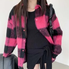 批发韩版百搭撞色格子毛呢宽松慵懒风<b class='q'>长袖</b><b class='q'>衬衫</b>外套女