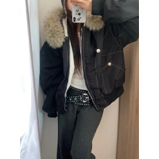 批发韩版毛领长款夹克棉服宽松美式工装长袖<b class='q'>外套</b>