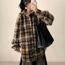韩版复古格子毛呢长袖外套女春季宽松慵懒风加厚衬衣开衫上衣