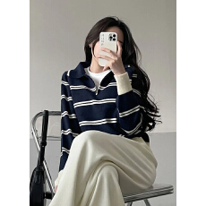 批发韩版慵懒风条纹拉链撞色翻领软糯<b class='q'>毛衣</b>女长袖针织衫