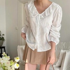 批发韩版chic早春甜美减龄单排扣飘带拼接木耳边宽松<b class='q'>百搭</b>泡泡袖衬衫女