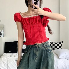 批发<b class='q'>韩版</b>带发圈网纱花边拼接方领波点小衫女蝴蝶结显<b class='q'>雪纺衫</b>上衣