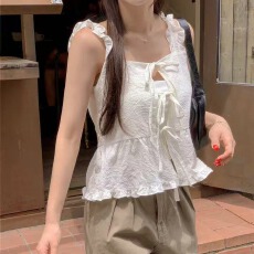 批发韩版木耳边格子<b class='q'>雪纺衫</b>吊带背心女绑带镂空修身褶皱拼接甜美上衣