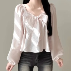 批发<b class='q'>韩版</b>绑带<b class='q'>雪纺衫</b>chic法式温柔风甜美减龄纯色方领长袖上衣