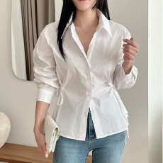 批发韩版chic法式小众设计感绑带收腰显瘦单排扣翻领长袖衬衫上衣