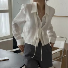韩版衬衫女装新款小众设计感假两件系带衬衣气质减龄长袖上衣