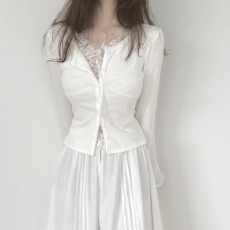 韩版蕾丝拼接假两件长袖T恤女甜美减龄蝴蝶结系带短款上衣