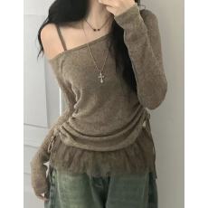 韩版设计感蝴蝶结抽褶蕾丝辣妹露肩上衣+纯欲风吊带两件套女