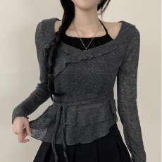 批发韩版假两件拼接吊带针织衫女设计感荷叶边修身上衣<b class='q'>T</b><b class='q'>恤</b>