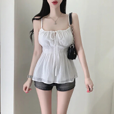 批发韩版慵懒感<b class='q'>雪纺衫</b>绑带褶皱显瘦吊带休闲性感短上衣