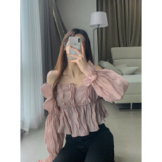 批发韩版甜美可爱木耳边长袖雪纺衫绑带喇叭袖泡泡袖上衣